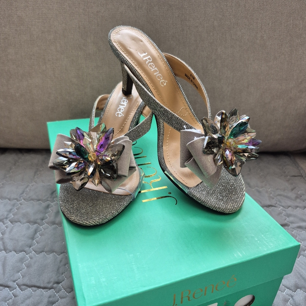 J.Renee Women's Glitter Heels with Bow and Jewel Accent